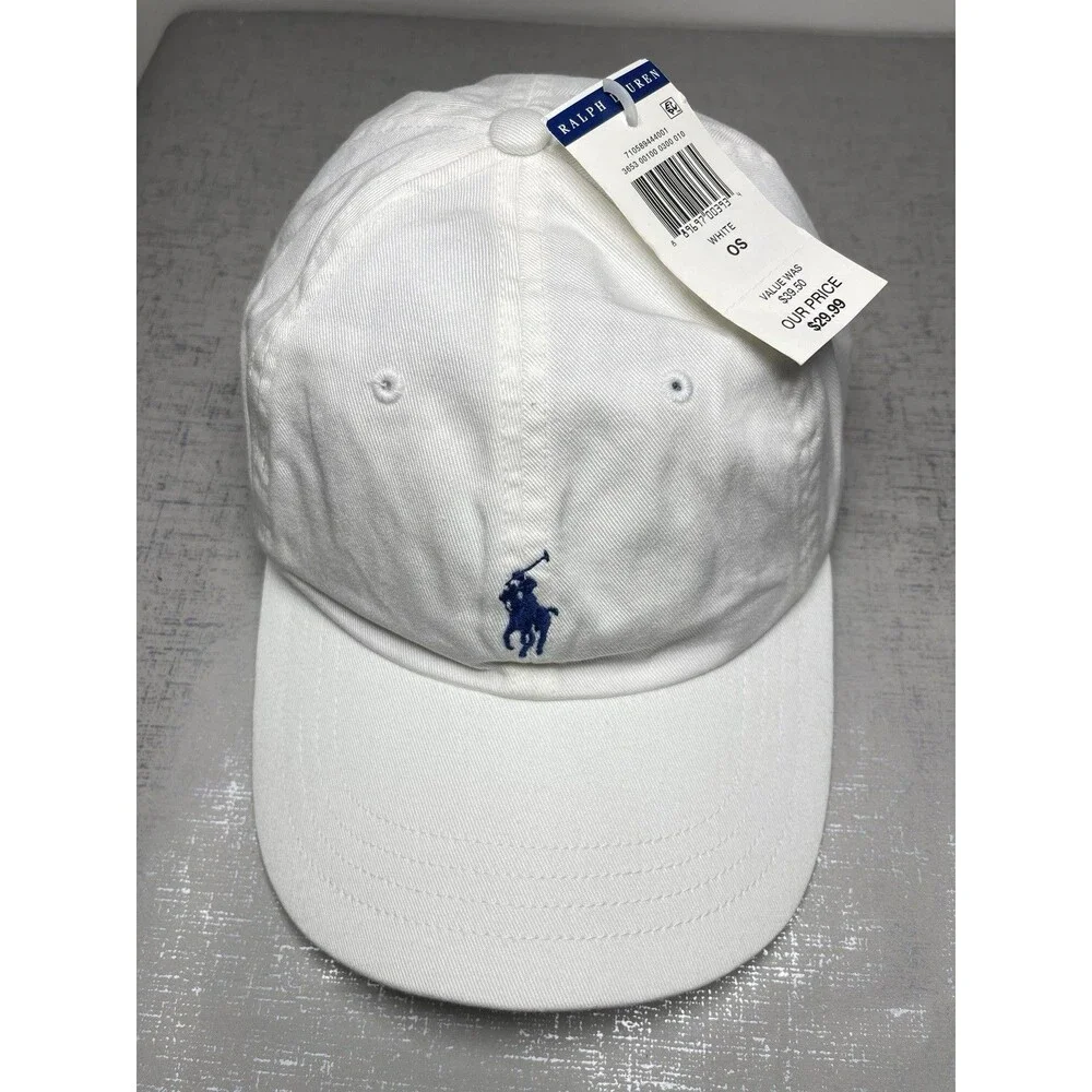 Polo Ralph Lauren Men's O/S Adjustable Baseball Cap Cotton White /Blue Pony Logo - Picture 2 of 11